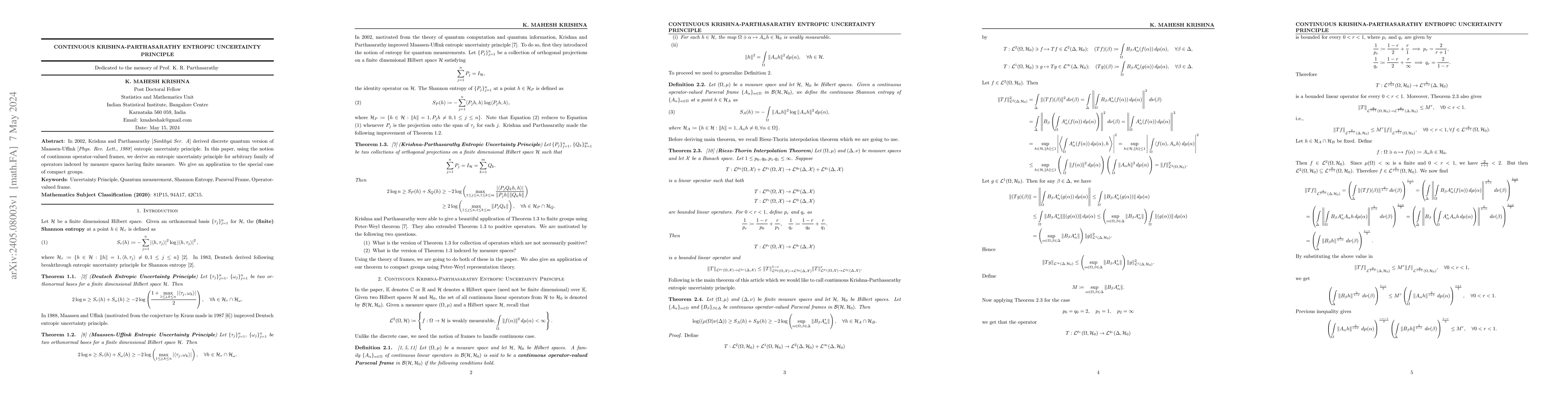 Thumbnail for Continuous Krishna-Parthasarathy Entropic Uncertainty Principle