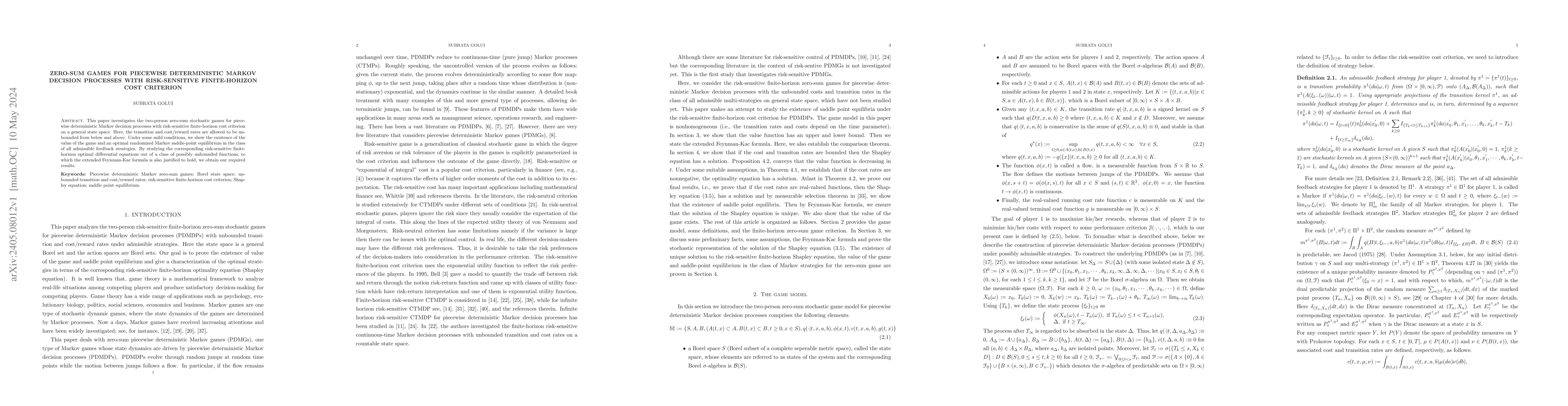 Thumbnail for Zero-Sum Games for piecewise deterministic Markov decision processes
  with risk-sensitive finite-horizon cost criterion