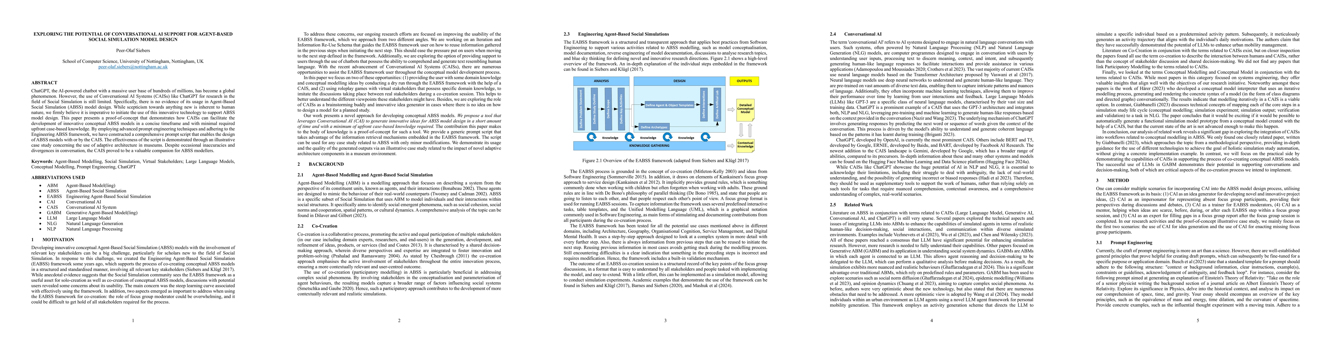 Thumbnail for Exploring the Potential of Conversational AI Support for Agent-Based
  Social Simulation Model Design