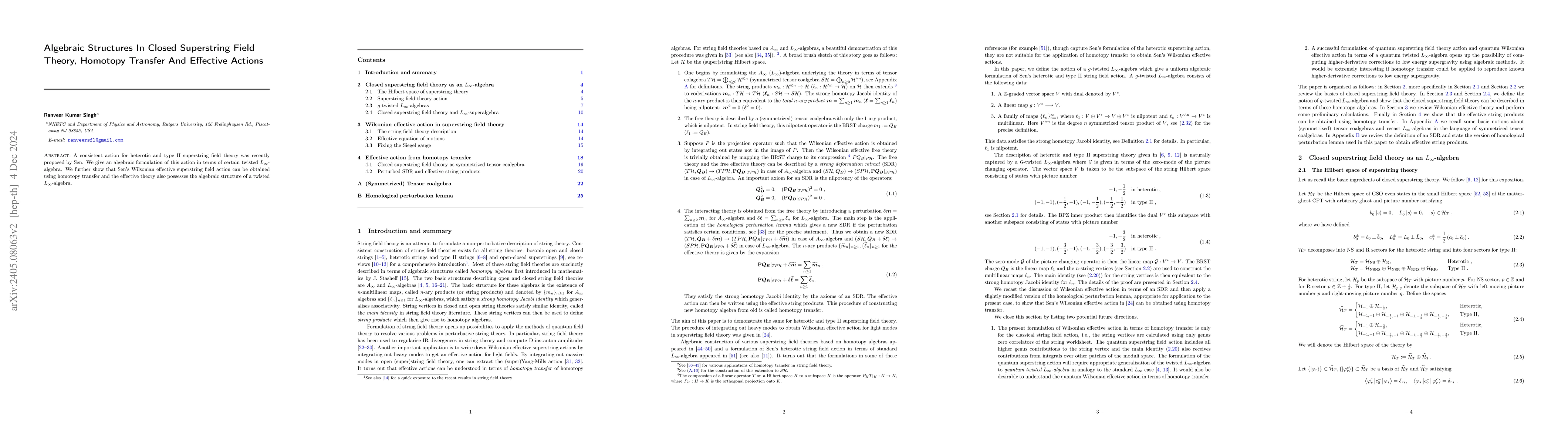 Thumbnail for Algebraic Structures In Closed Superstring Field Theory, Homotopy
  Transfer And Effective Actions