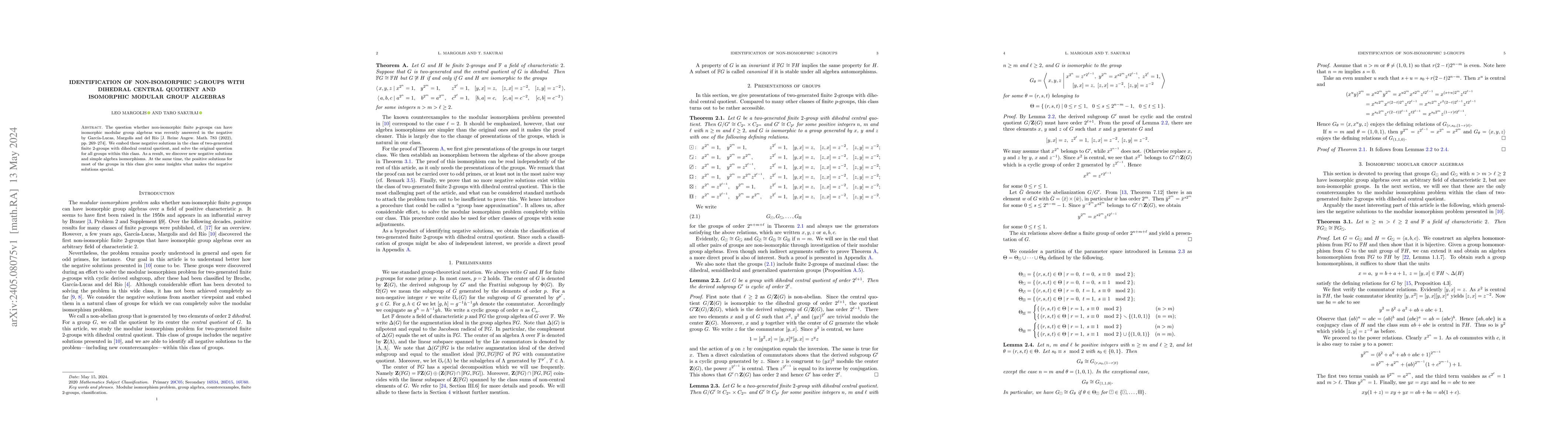 Thumbnail for Identification of non-isomorphic 2-groups with dihedral central quotient
  and isomorphic modular group algebras