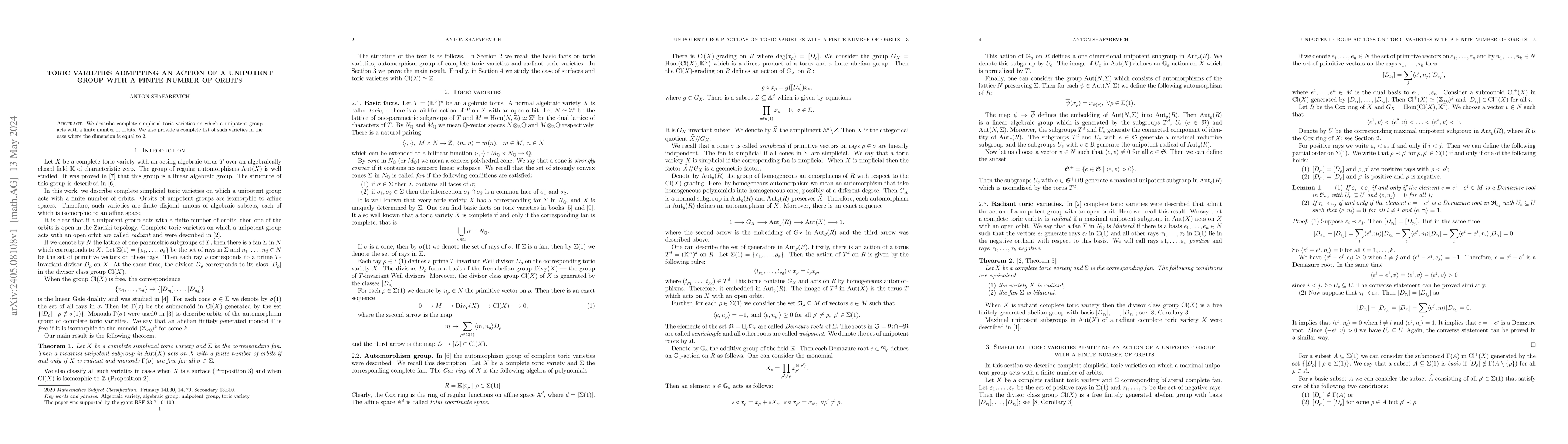 Thumbnail for Toric varieties admitting an action of a unipotent group with a finite
  number of orbits