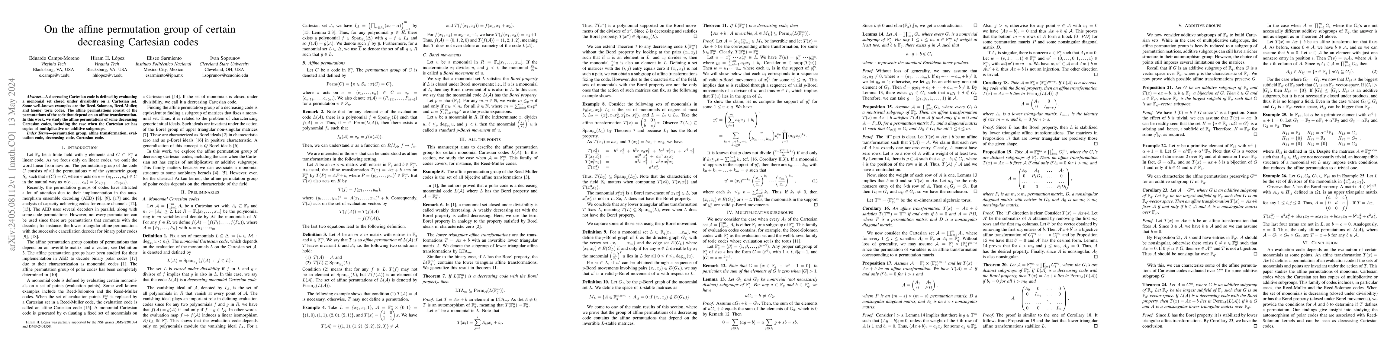 Thumbnail for On the affine permutation group of certain decreasing Cartesian codes