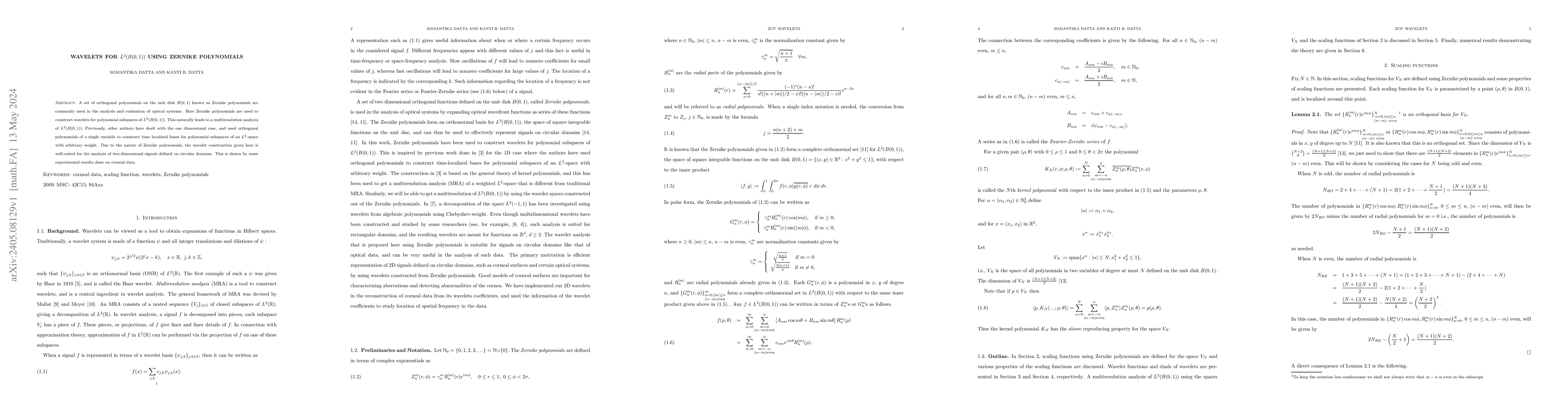 Thumbnail for Wavelets for $L^2(B(0,1))$ using Zernike polynomials
