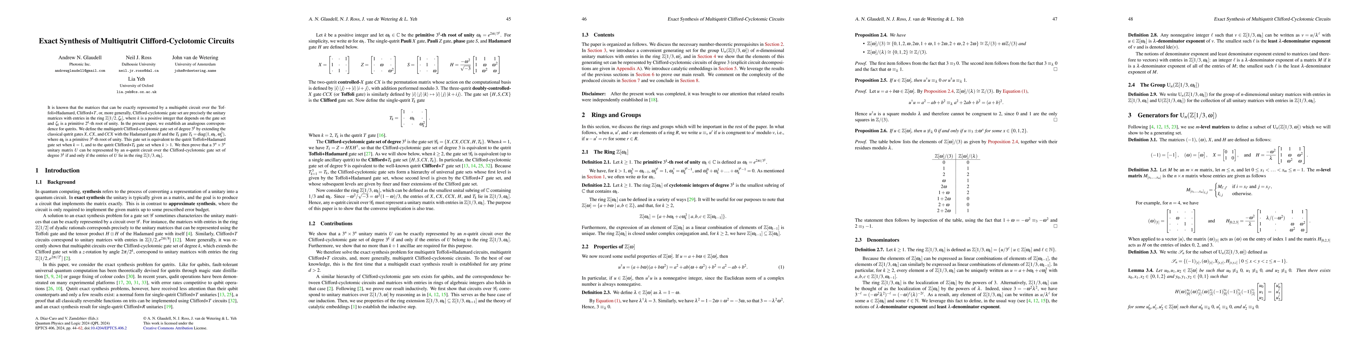Thumbnail for Exact Synthesis of Multiqutrit Clifford-Cyclotomic Circuits