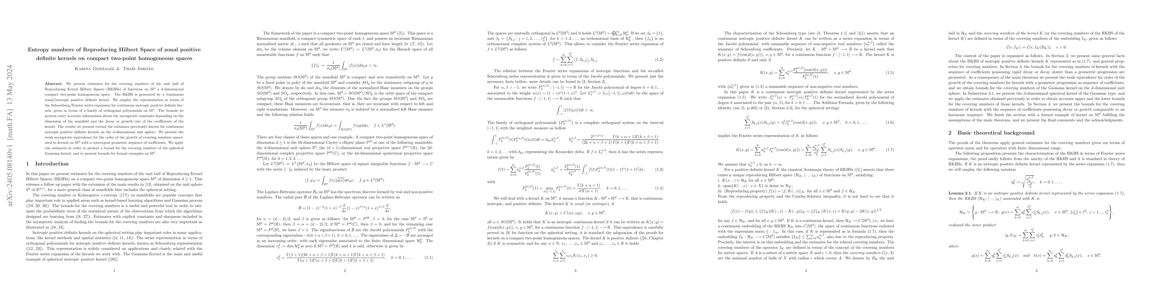 Thumbnail for Entropy numbers of Reproducing Hilbert Space of zonal positive definite
  kernels on compact two-point homogeneous spaces