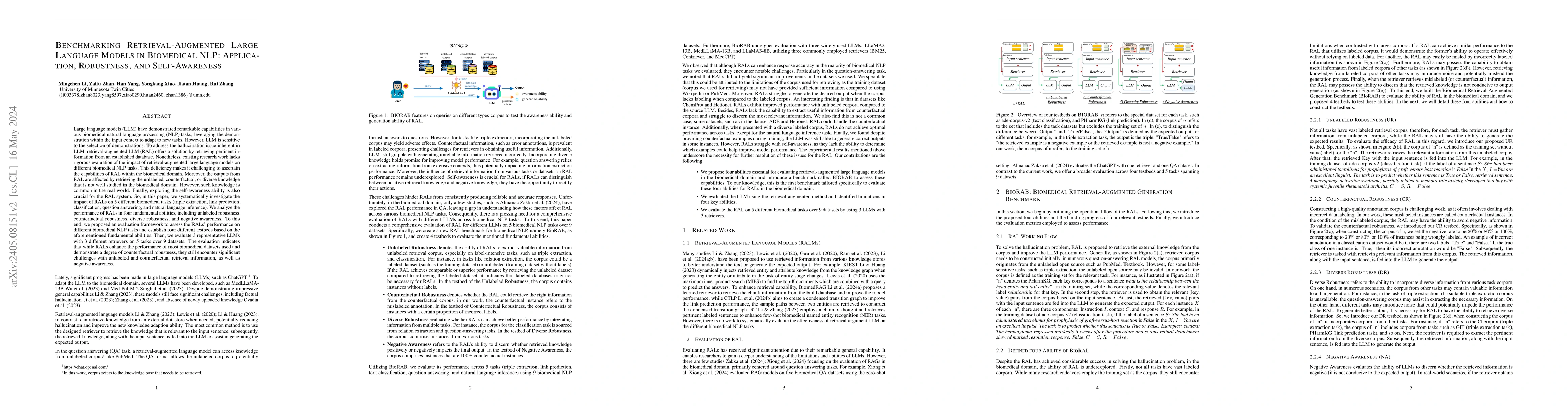 Thumbnail for Benchmarking Retrieval-Augmented Large Language Models in Biomedical
  NLP: Application, Robustness, and Self-Awareness