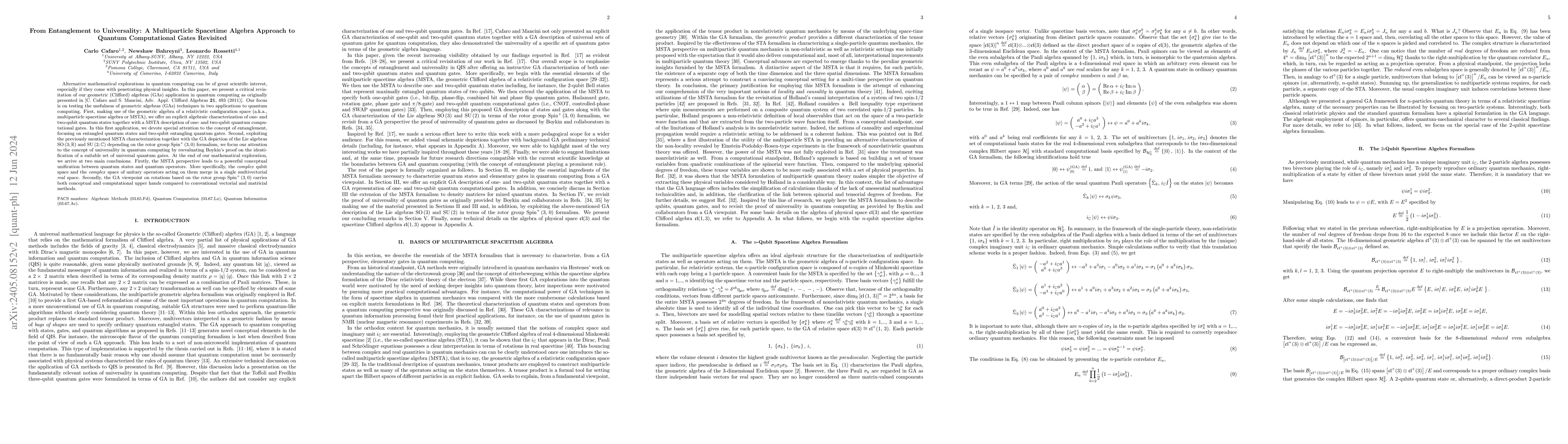 Thumbnail for From Entanglement to Universality: A Multiparticle Spacetime Algebra
  Approach to Quantum Computational Gates Revisited