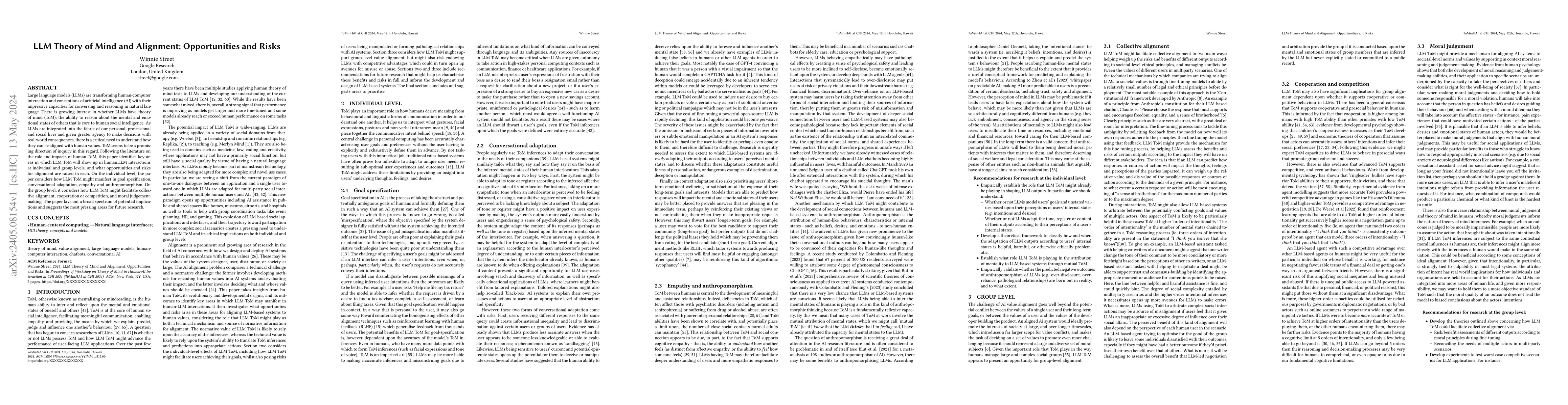 Thumbnail for LLM Theory of Mind and Alignment: Opportunities and Risks