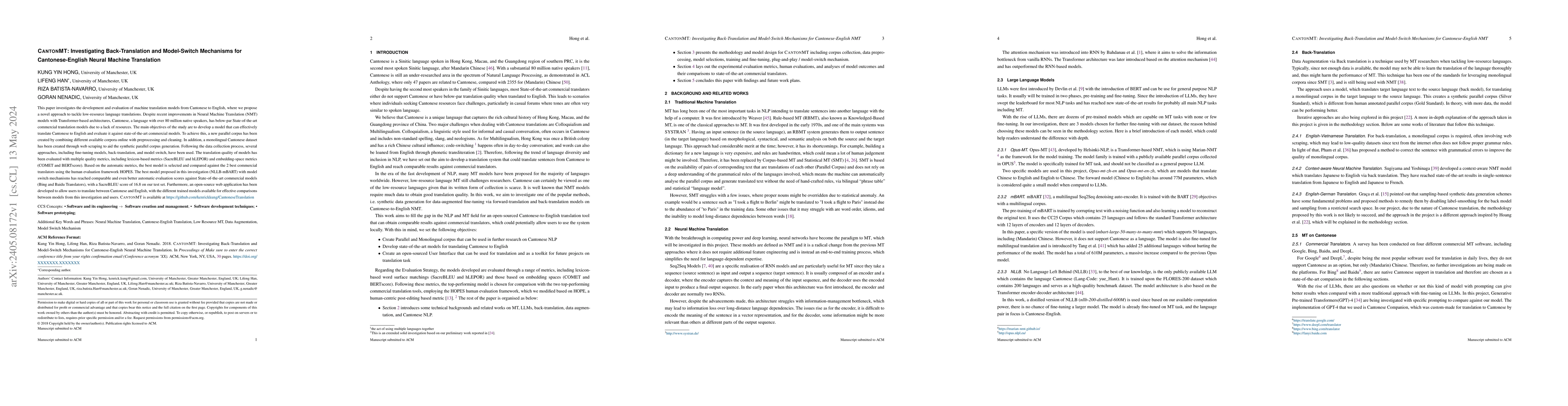 Thumbnail for CANTONMT: Investigating Back-Translation and Model-Switch Mechanisms for
  Cantonese-English Neural Machine Translation