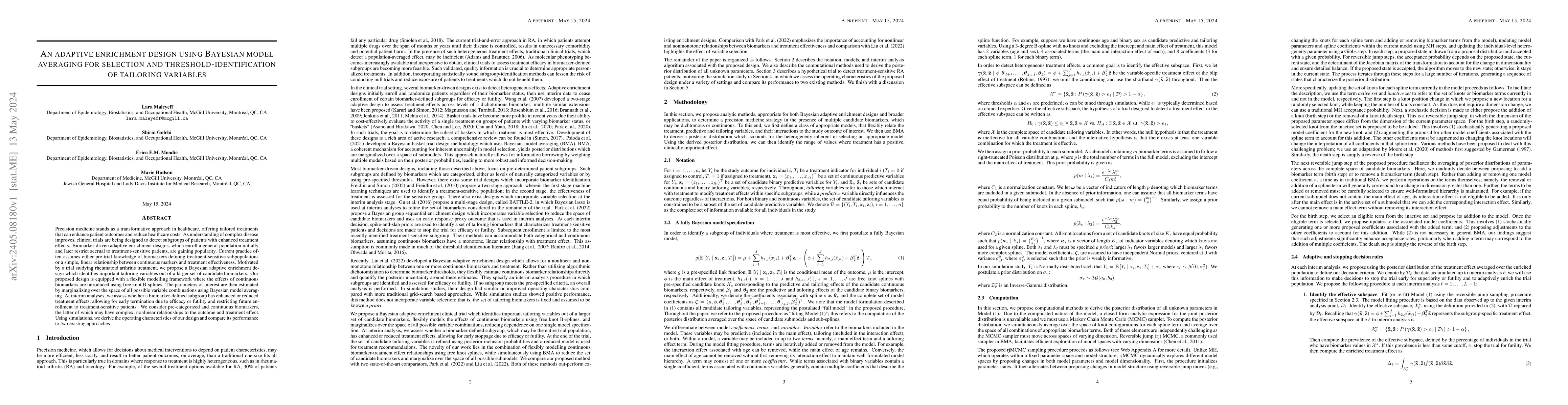Thumbnail for An adaptive enrichment design using Bayesian model averaging for
  selection and threshold-identification of tailoring variables