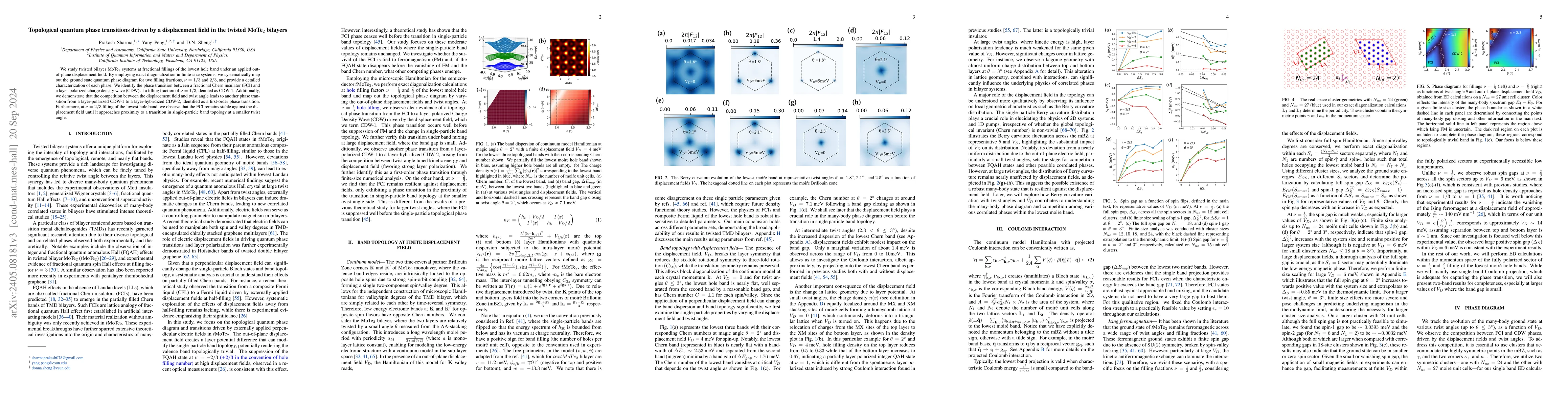 Thumbnail for Topological quantum phase transitions driven by displacement fields in
  the twisted MoTe2 bilayers