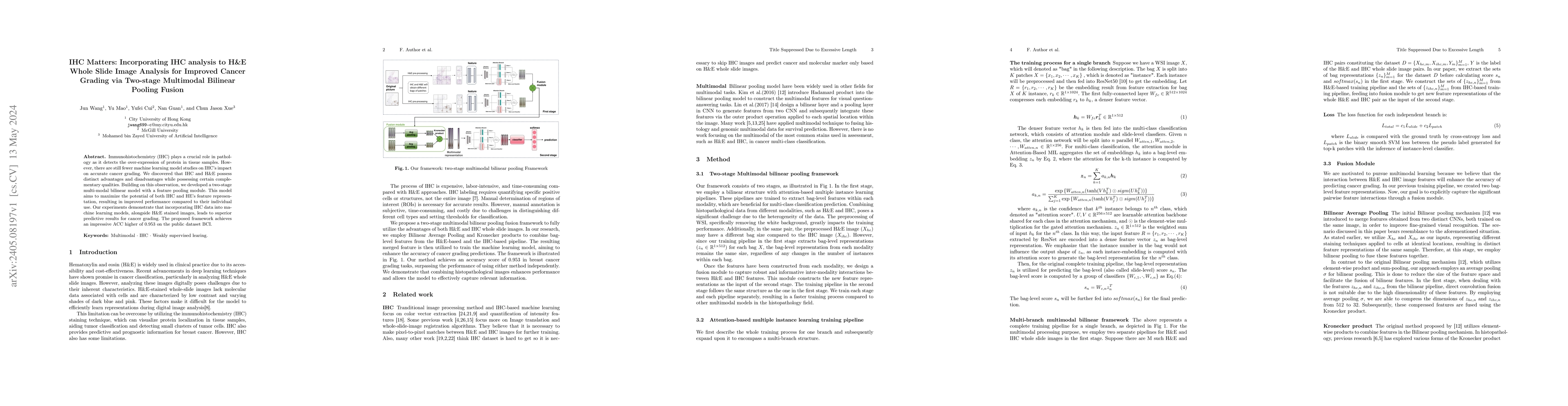 Thumbnail for IHC Matters: Incorporating IHC analysis to H&E Whole Slide Image
  Analysis for Improved Cancer Grading via Two-stage Multimodal Bilinear
  Pooling Fusion