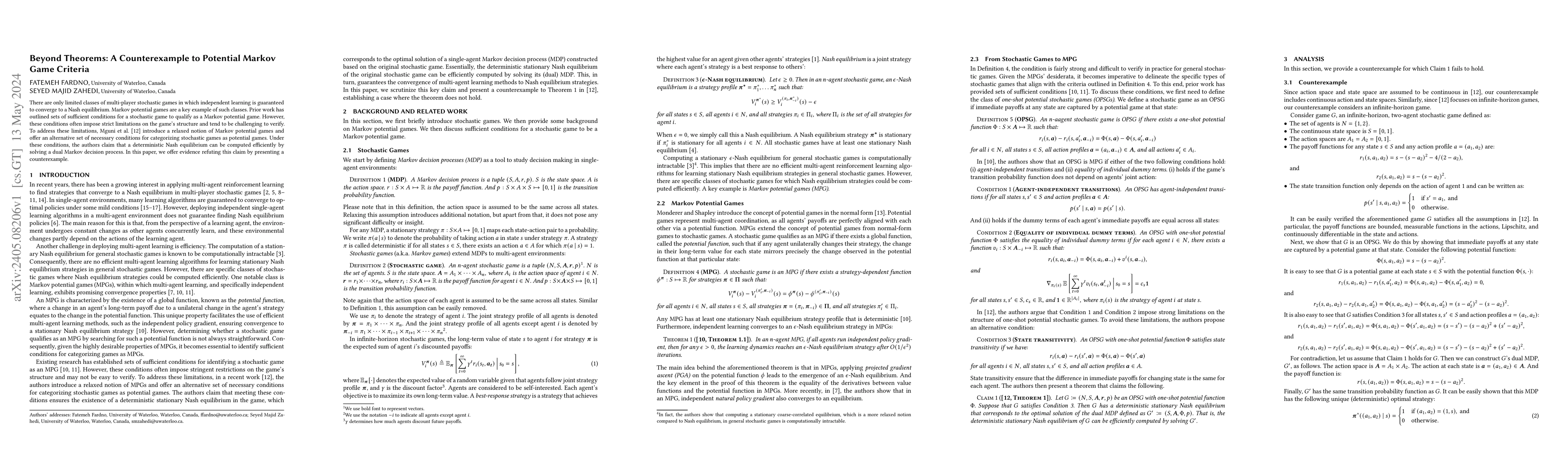 Thumbnail for Beyond Theorems: A Counterexample to Potential Markov Game Criteria