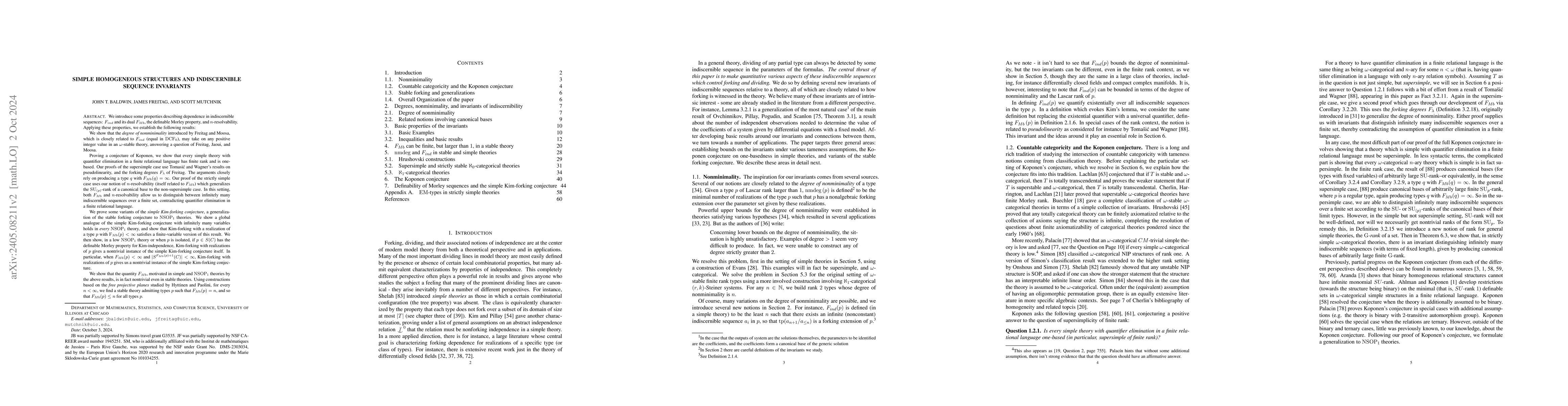 Thumbnail for Simple Homogeneous Structures and Indiscernible Sequence Invariants