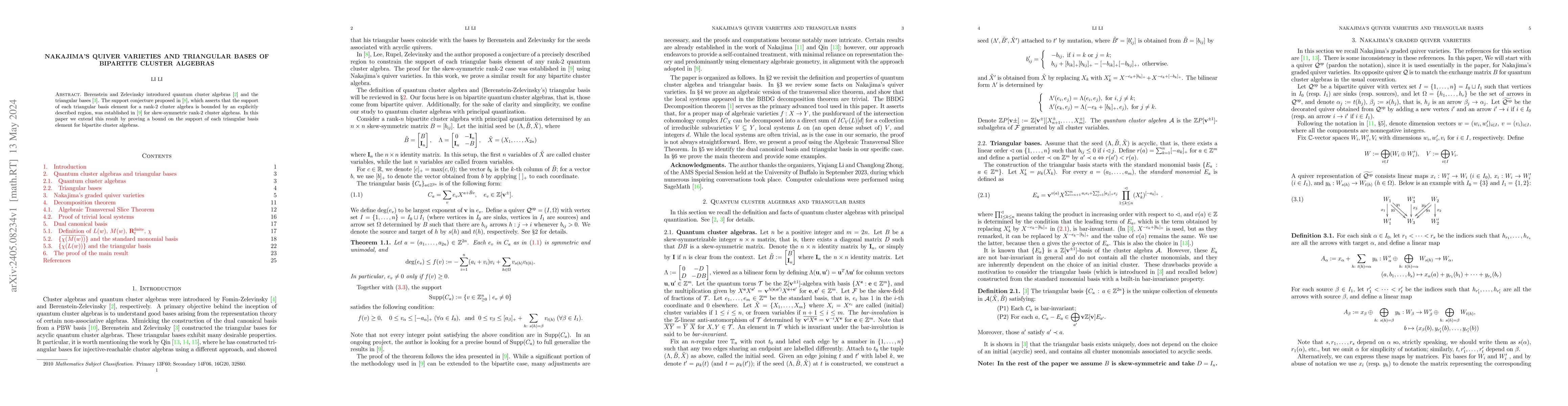 Thumbnail for Nakajima's quiver varieties and triangular bases of bipartite cluster
  algebras