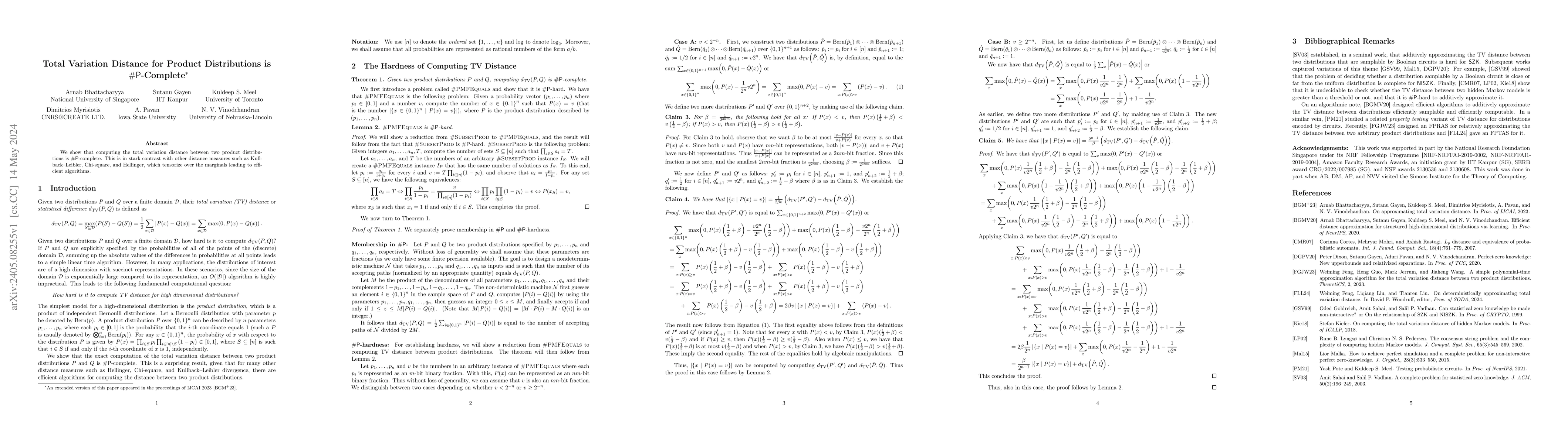 Thumbnail for Total Variation Distance for Product Distributions is
  $\#\mathsf{P}$-Complete