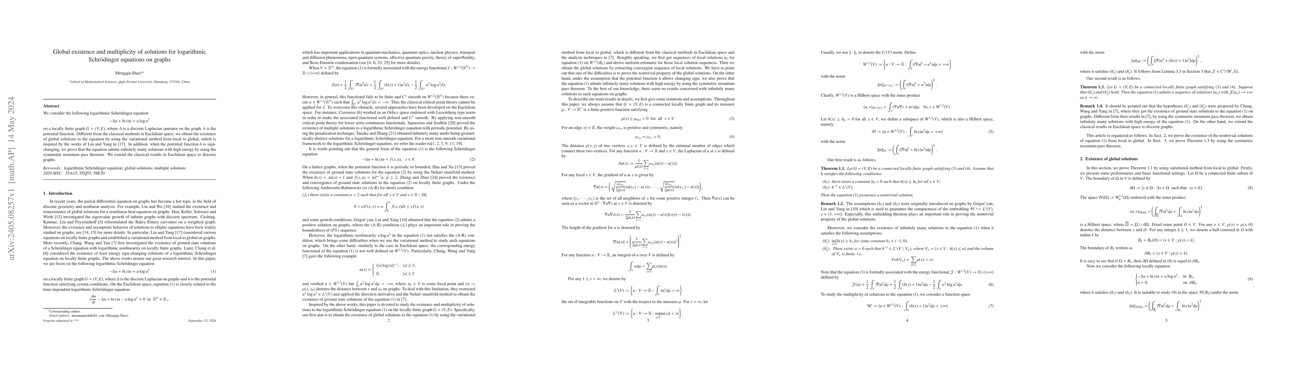 Thumbnail for Global existence and multiplicity of solutions for logarithmic
  Schr\"{o}dinger equations on graphs