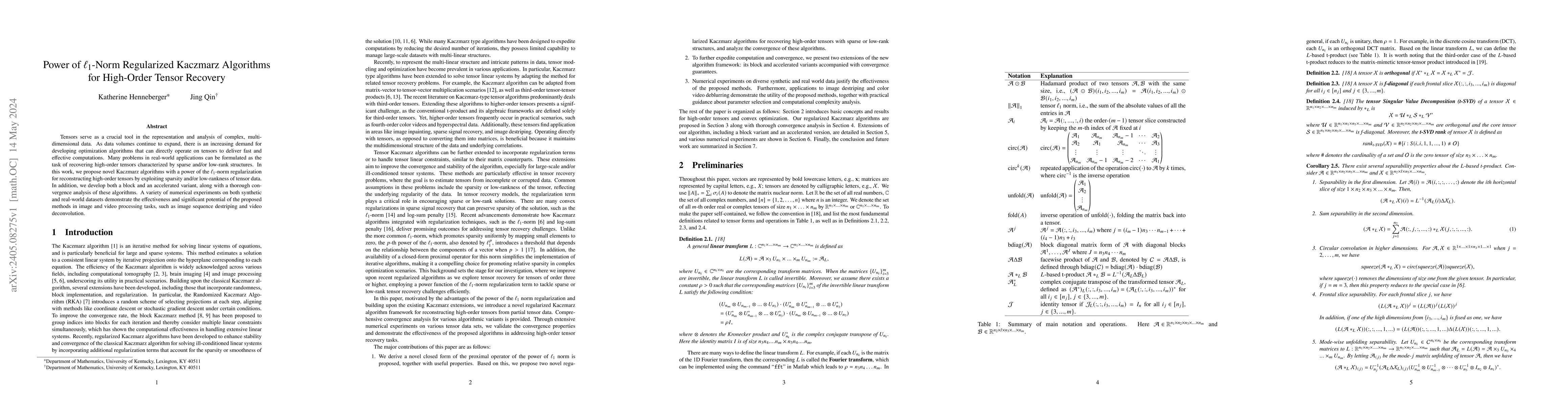 Thumbnail for Power of $\ell_1$-Norm Regularized Kaczmarz Algorithms for High-Order
  Tensor Recovery