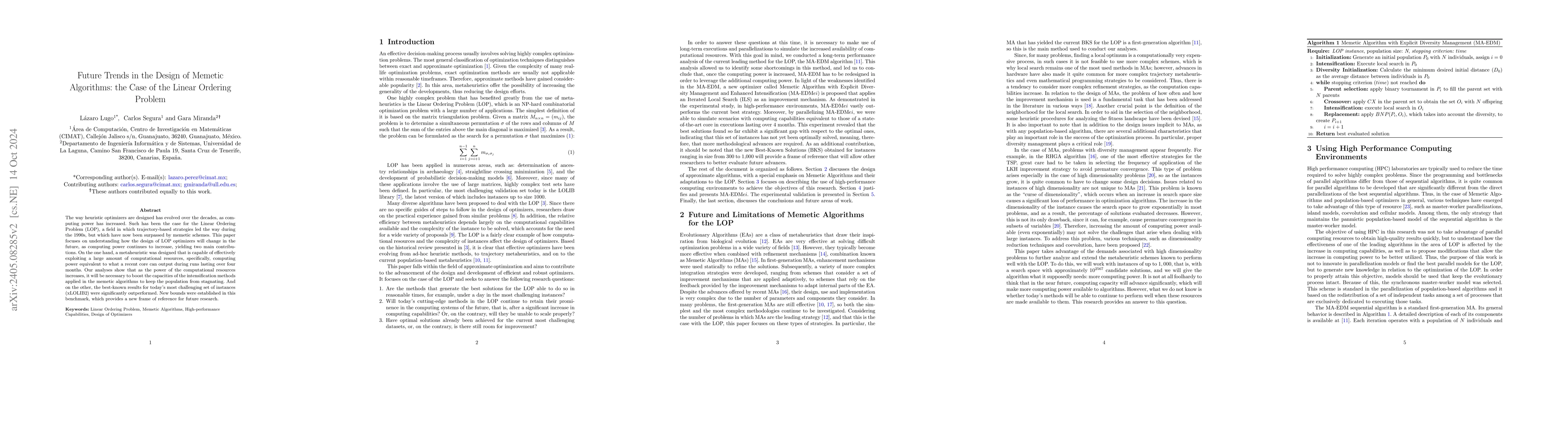 Thumbnail for Future Trends in the Design of Memetic Algorithms: the Case of the
  Linear Ordering Problem