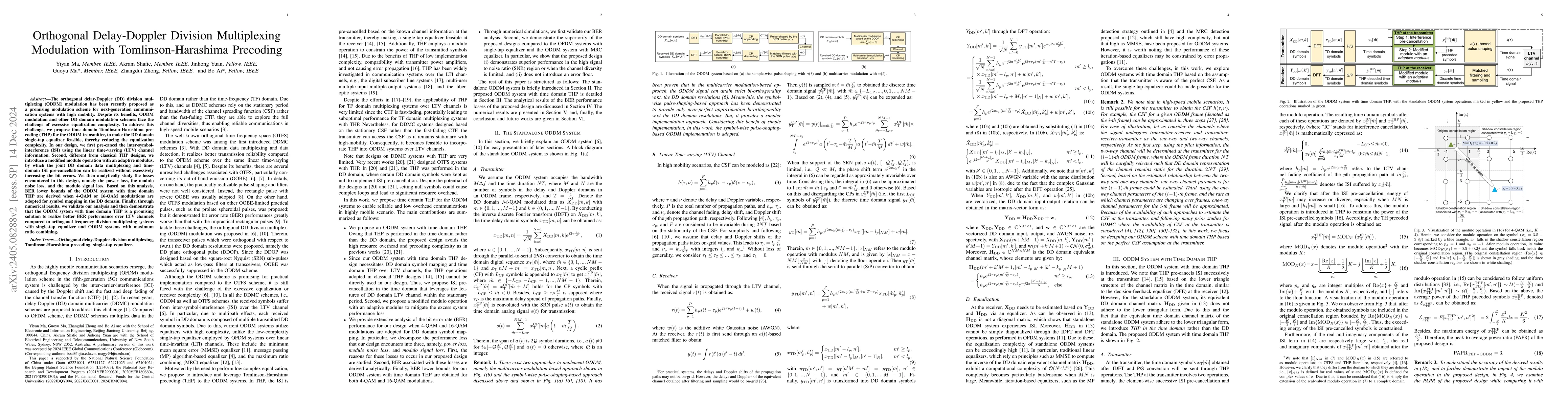 Thumbnail for Orthogonal Delay-Doppler Division Multiplexing Modulation with
  Tomlinson-Harashima Precoding