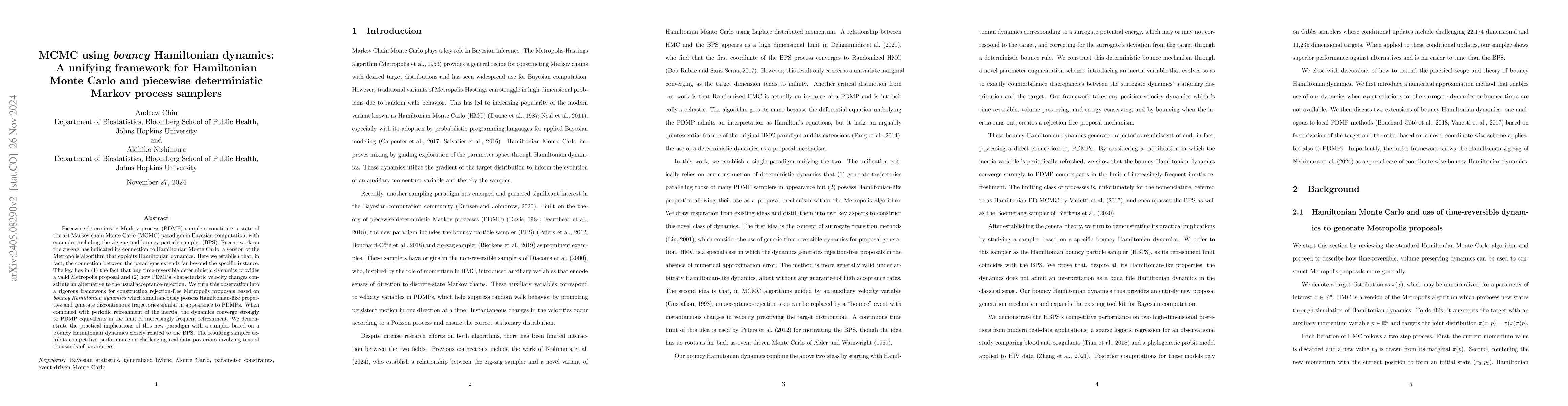 Thumbnail for MCMC using $\textit{bouncy}$ Hamiltonian dynamics: A unifying framework
  for Hamiltonian Monte Carlo and piecewise deterministic Markov process
  samplers