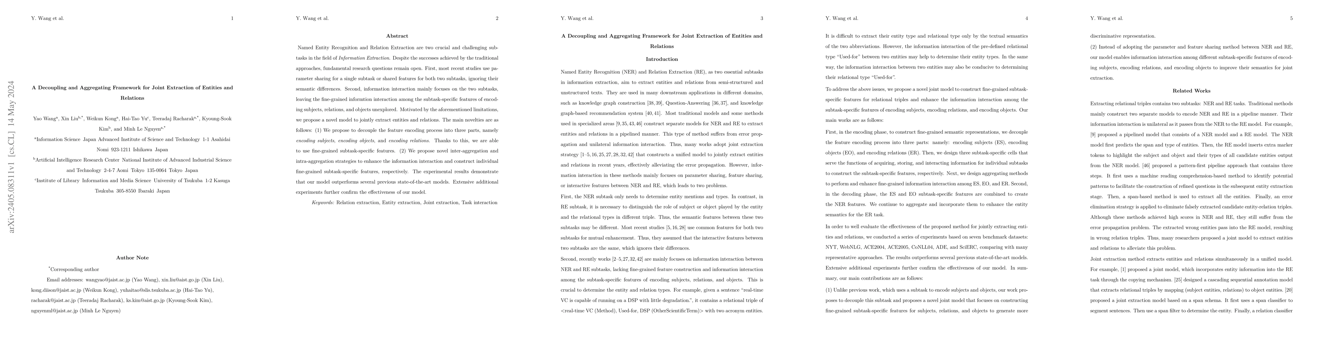Thumbnail for A Decoupling and Aggregating Framework for Joint Extraction of Entities
  and Relations