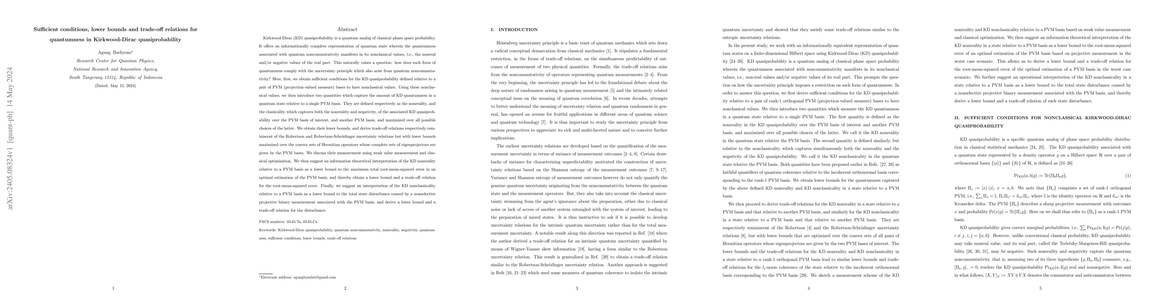 Thumbnail for Sufficient conditions, lower bounds and trade-off relations for
  quantumness in Kirkwood-Dirac quasiprobability