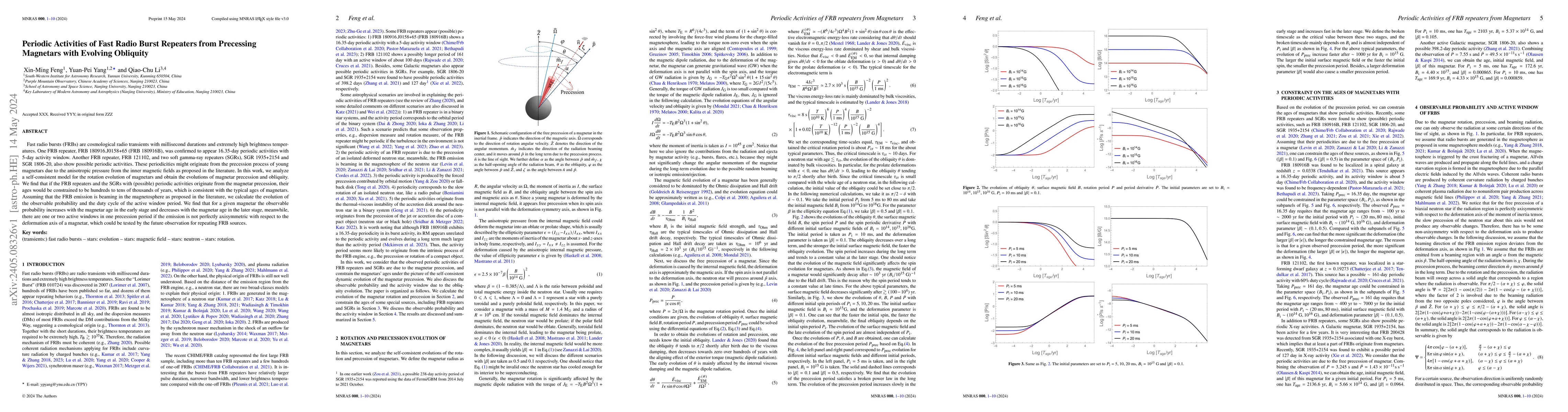 Thumbnail for Periodic Activities of Fast Radio Burst Repeaters from Precessing
  Magnetars with Evolving Obliquity