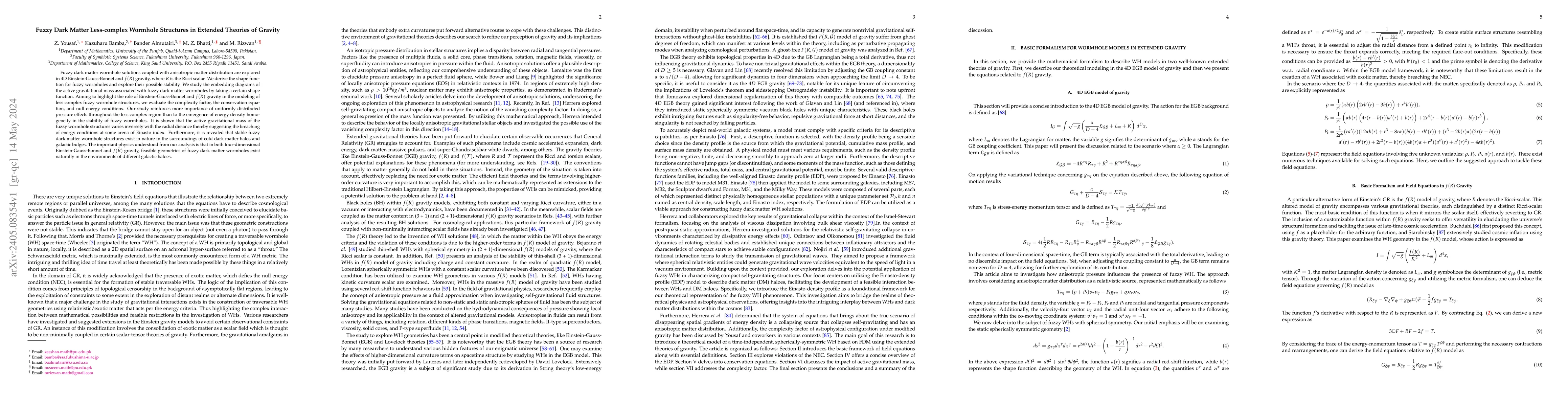 Thumbnail for Fuzzy Dark Matter Less-complex Wormhole Structures in Extended Theories
  of Gravity