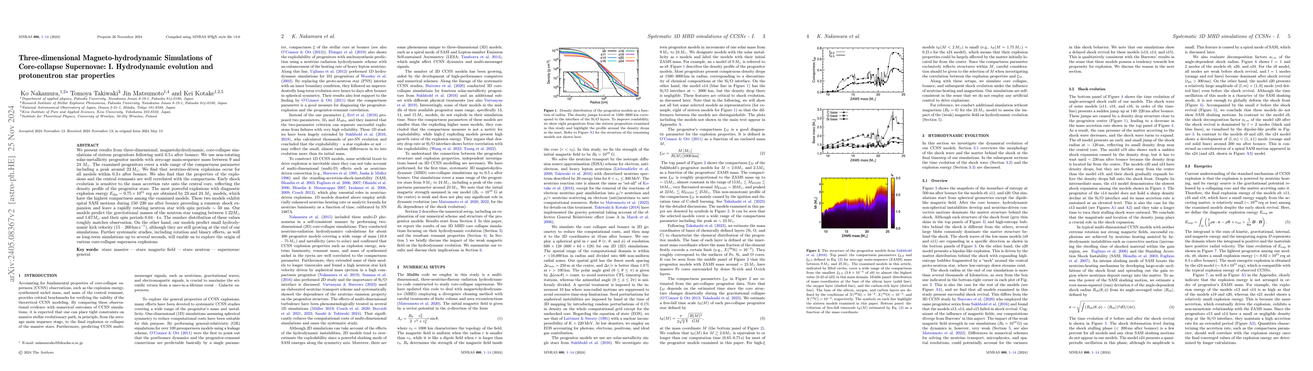 Thumbnail for Three-dimensional Magneto-hydrodynamic Simulations of Core-collapse
  Supernovae: I. Hydrodynamic evolution and protoneutron star properties