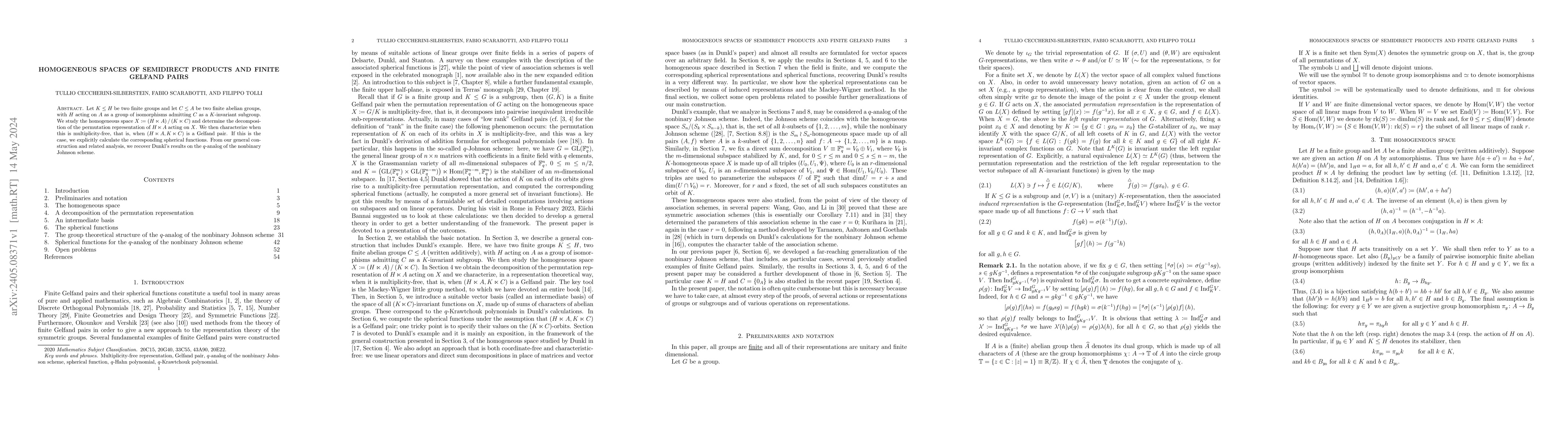 Thumbnail for Homogeneous spaces of semidirect products and finite Gelfand pairs