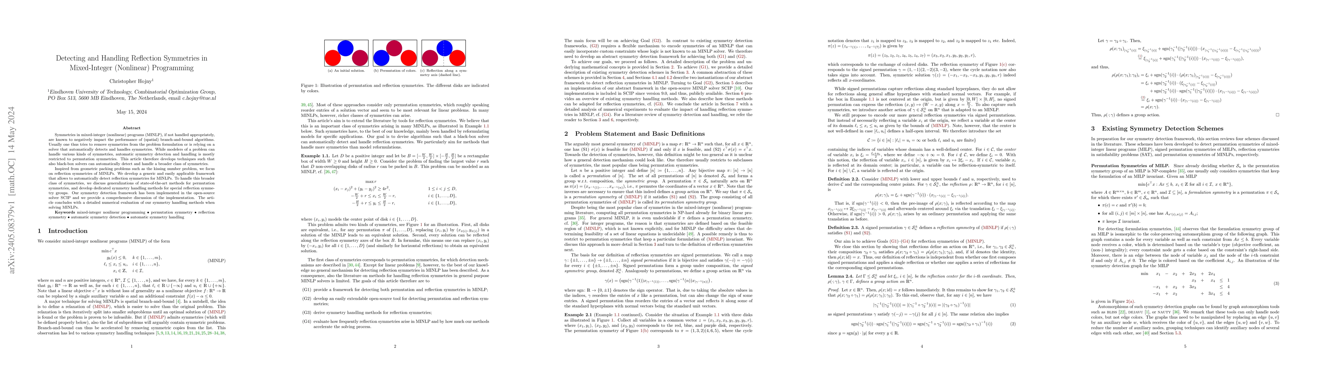 Thumbnail for Detecting and Handling Reflection Symmetries in Mixed-Integer
  (Nonlinear) Programming