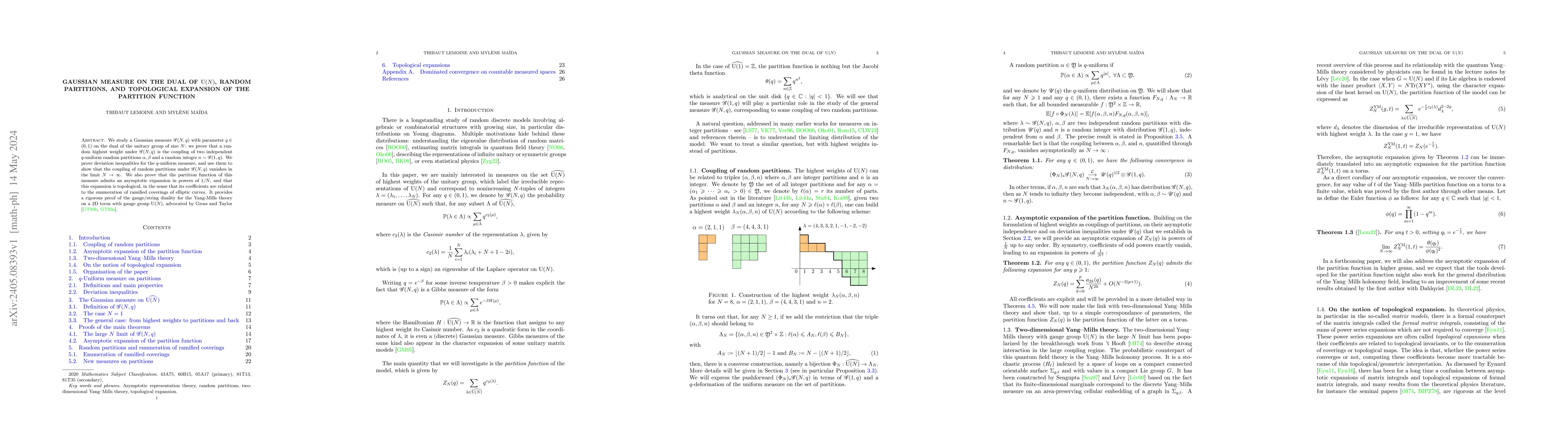 Thumbnail for Gaussian measure on the dual of $\mathrm{U}(N)$, random partitions, and
  topological expansion of the partition function