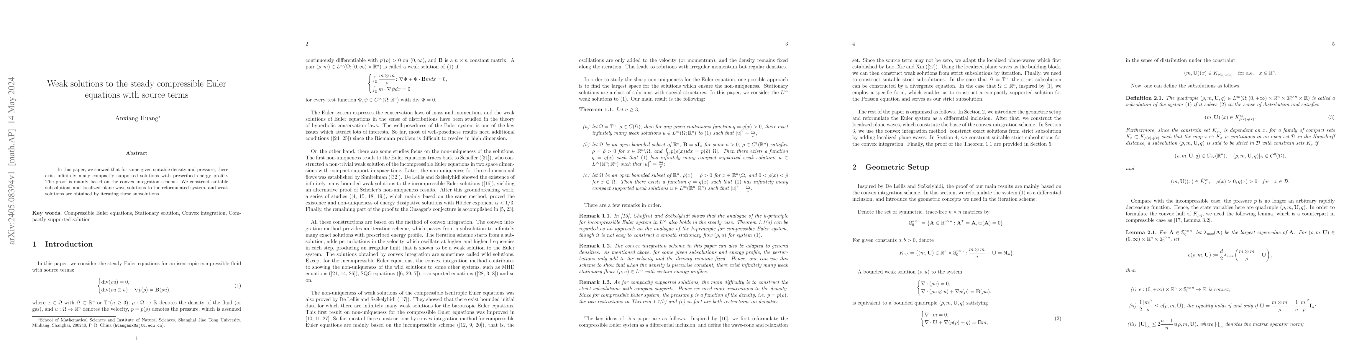 Thumbnail for Weak solutions to the steady compressible Euler equations with source
  terms