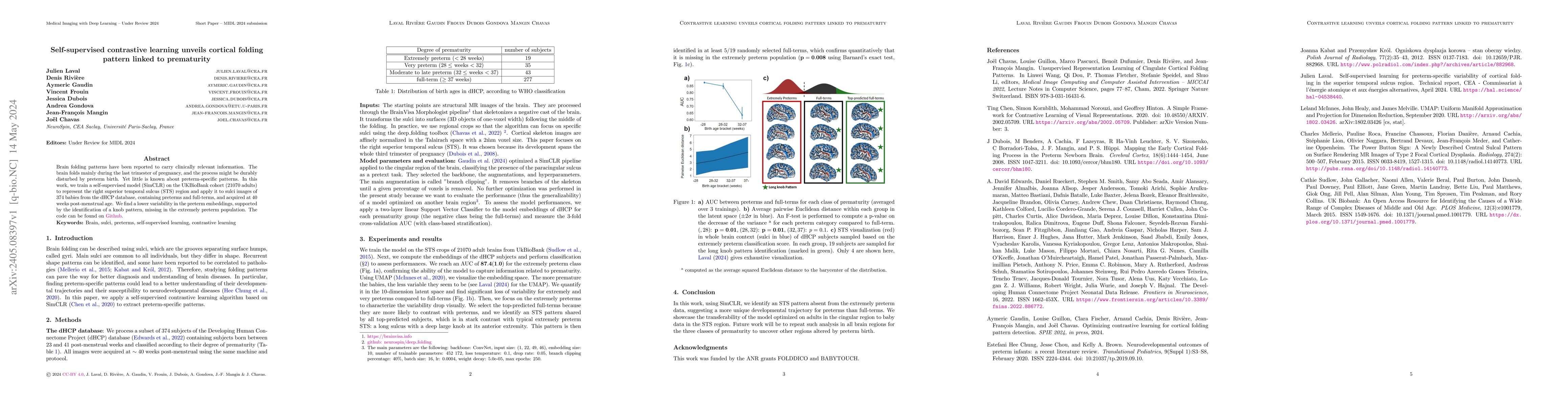 Thumbnail for Self-supervised contrastive learning unveils cortical folding pattern
  linked to prematurity