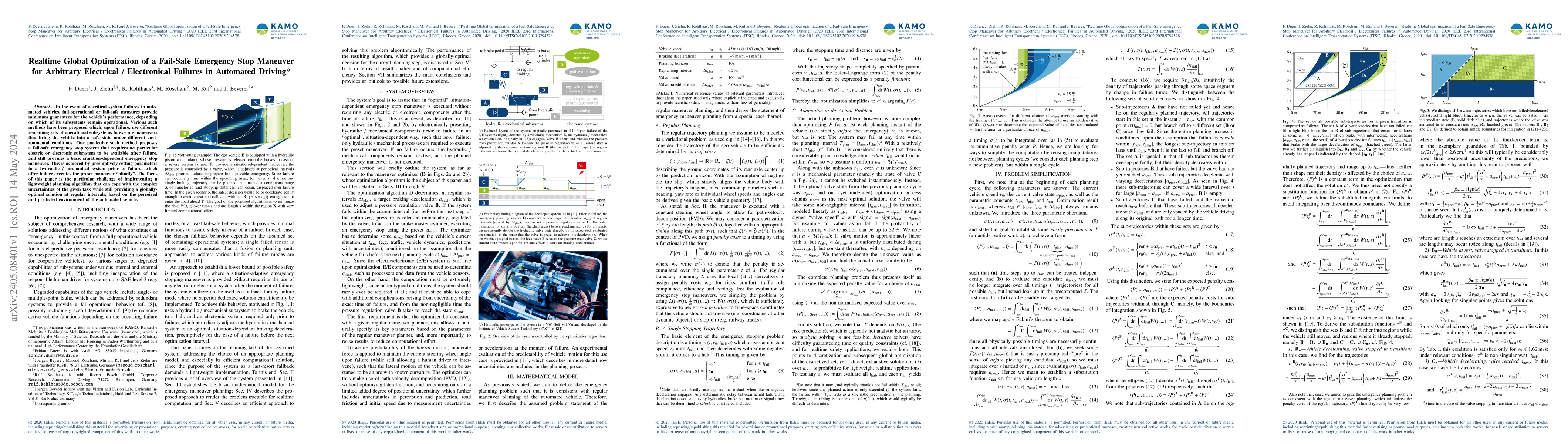 Thumbnail for Realtime Global Optimization of a Fail-Safe Emergency Stop Maneuver for
  Arbitrary Electrical / Electronical Failures in Automated Driving