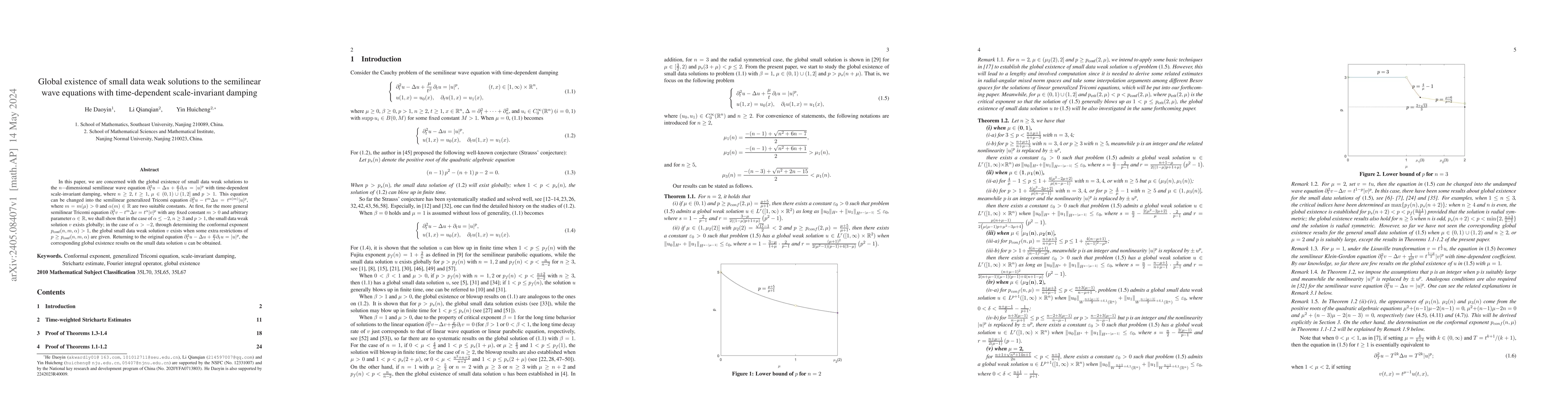 Thumbnail for Global existence of small data weak solutions to the semilinear wave
  equations with time-dependent scale-invariant damping