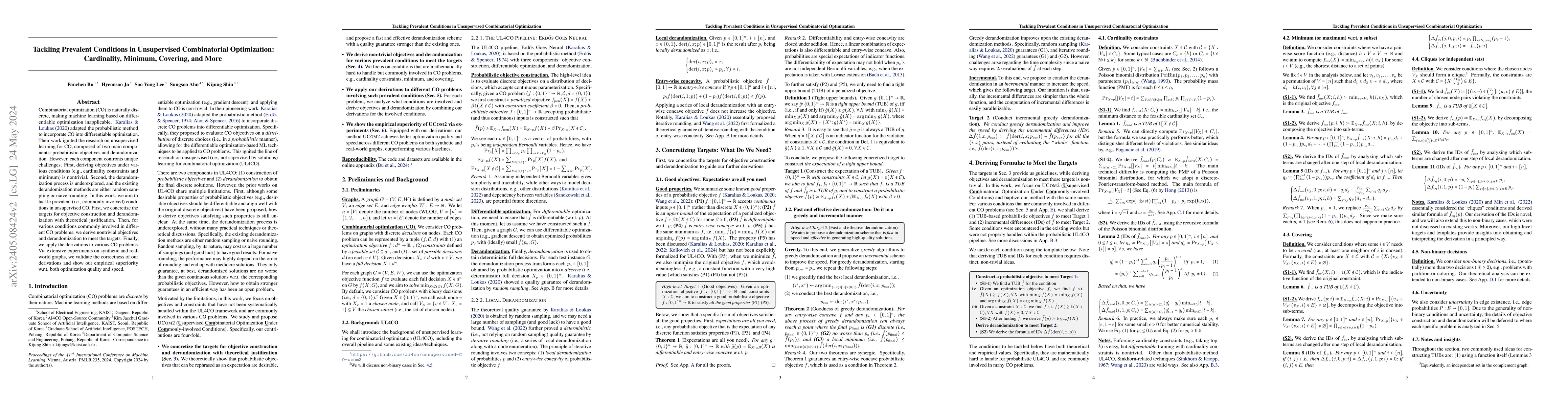 Thumbnail for Tackling Prevalent Conditions in Unsupervised Combinatorial
  Optimization: Cardinality, Minimum, Covering, and More