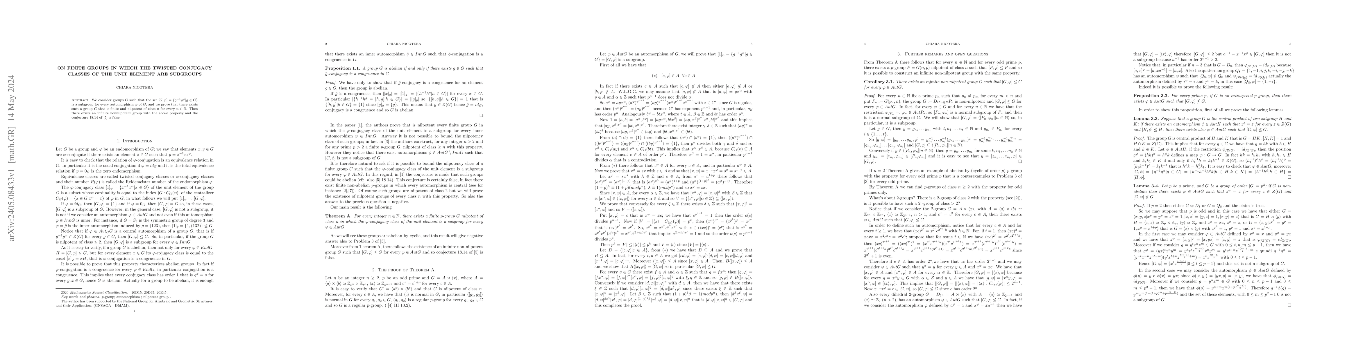 Thumbnail for On finite groups in which the twisted conjugacy classes of the unit
  element are subgroups