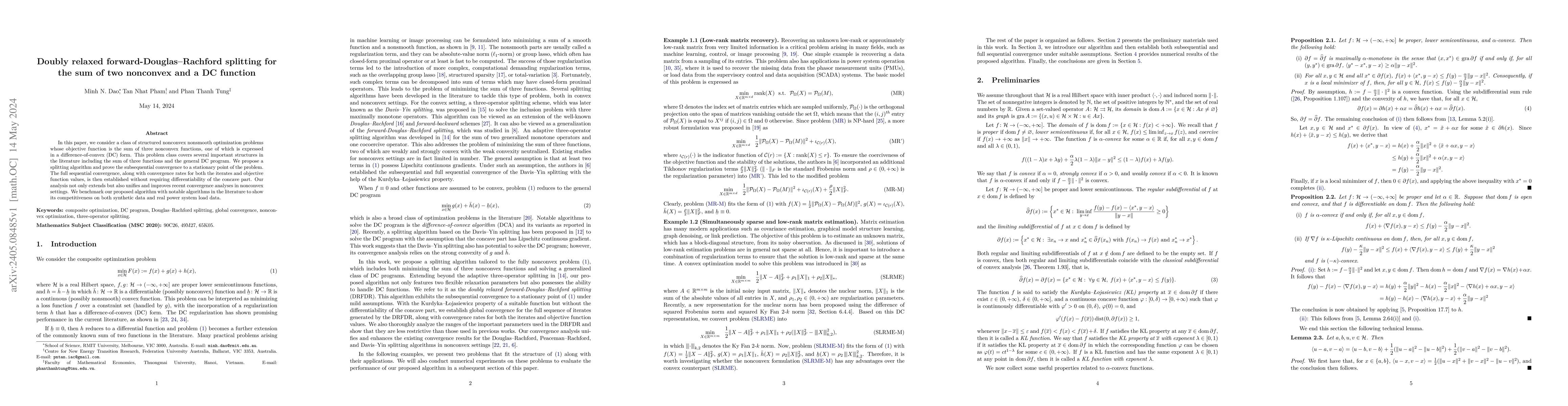 Thumbnail for Doubly relaxed forward-Douglas--Rachford splitting for the sum of two
  nonconvex and a DC function