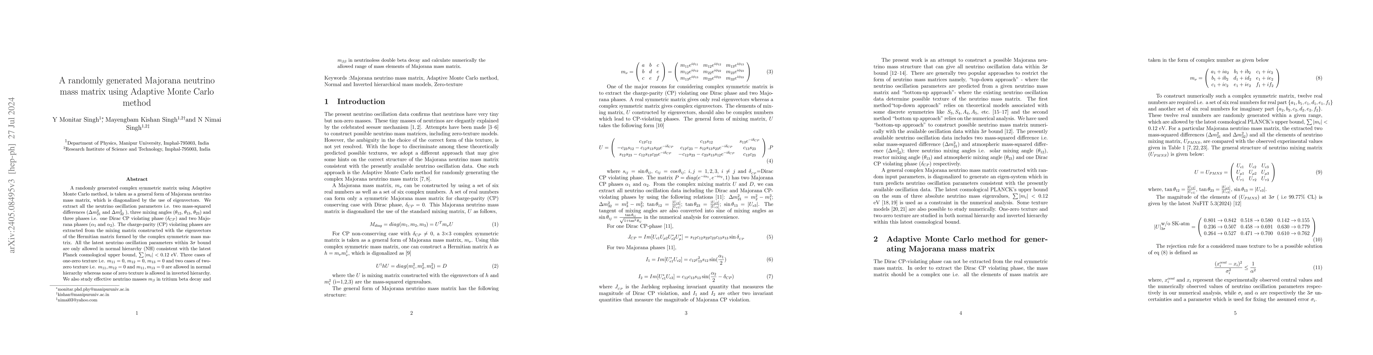 Thumbnail for A randomly generated Majorana neutrino mass matrix using Adaptive Monte
  Carlo method