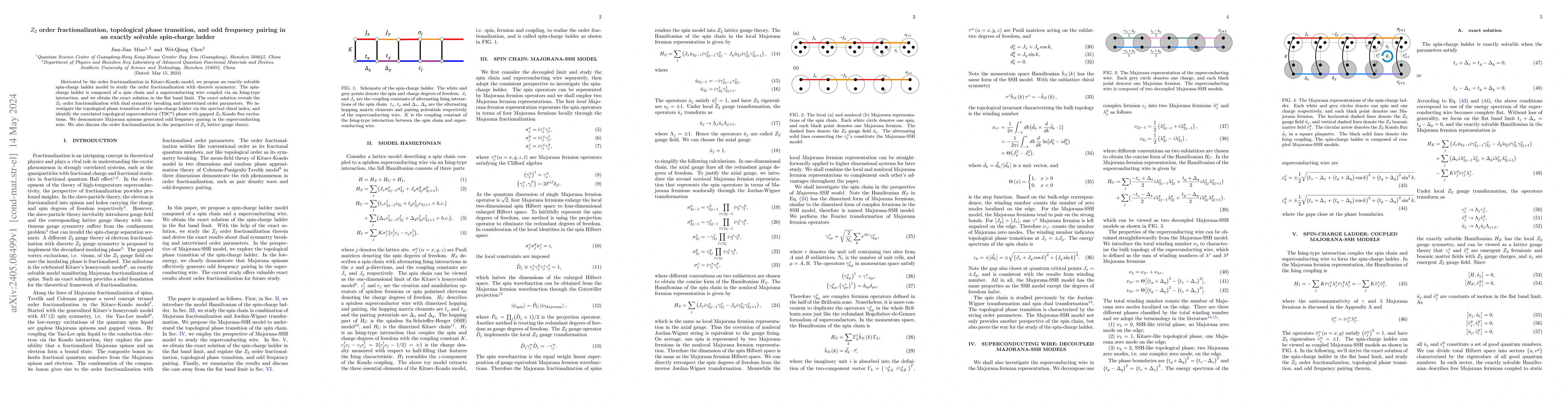 Thumbnail for $Z_{2}$ order fractionalization, topological phase transition, and odd
  frequency pairing in an exactly solvable spin-charge ladder