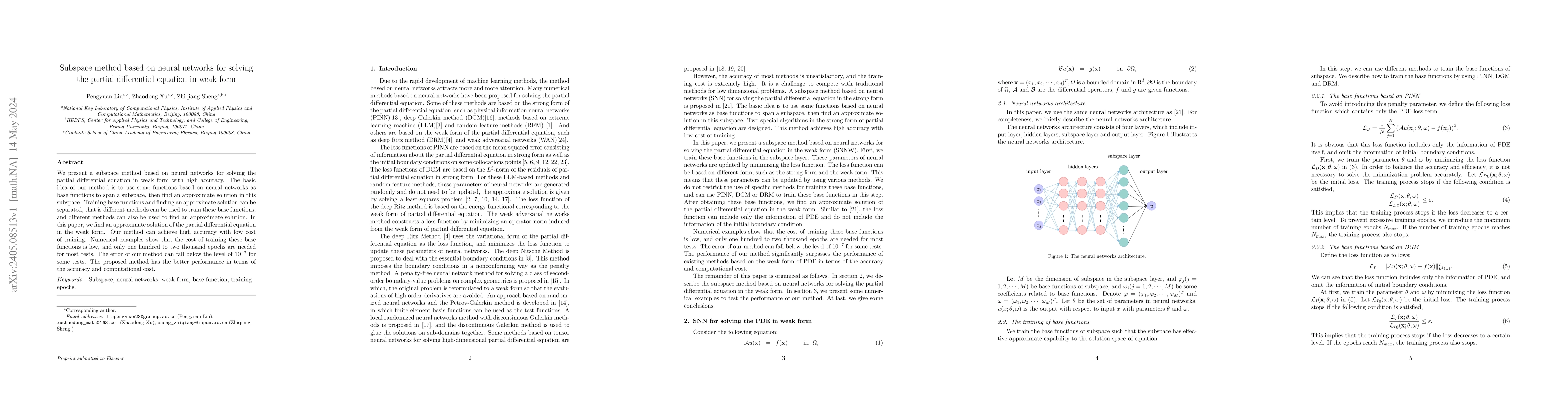 Thumbnail for Subspace method based on neural networks for solving the partial
  differential equation in weak form
