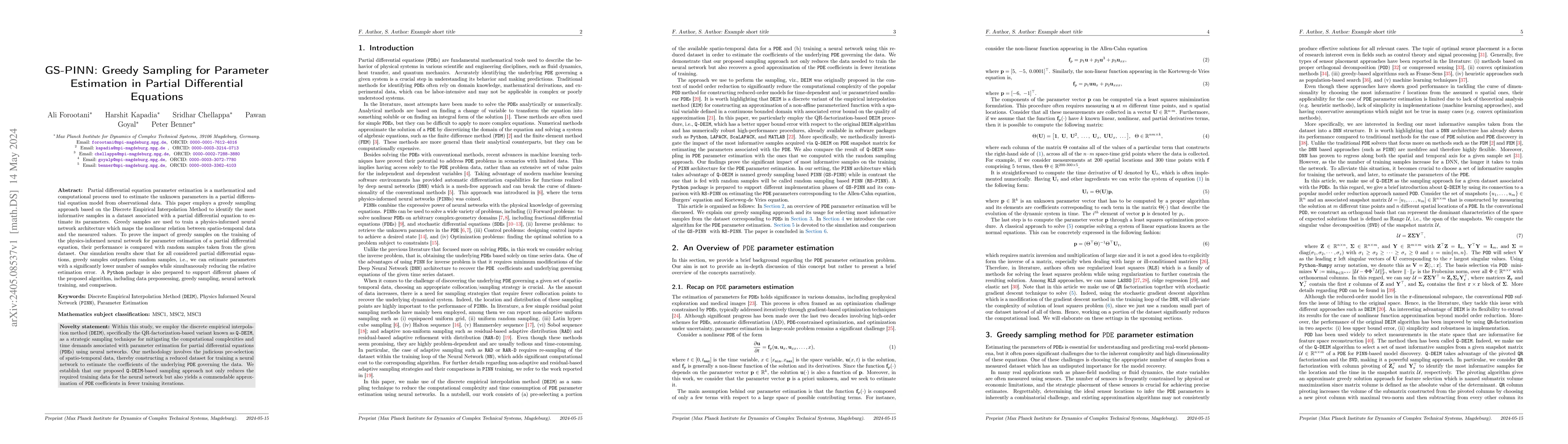 Thumbnail for GS-PINN: Greedy Sampling for Parameter Estimation in Partial
  Differential Equations