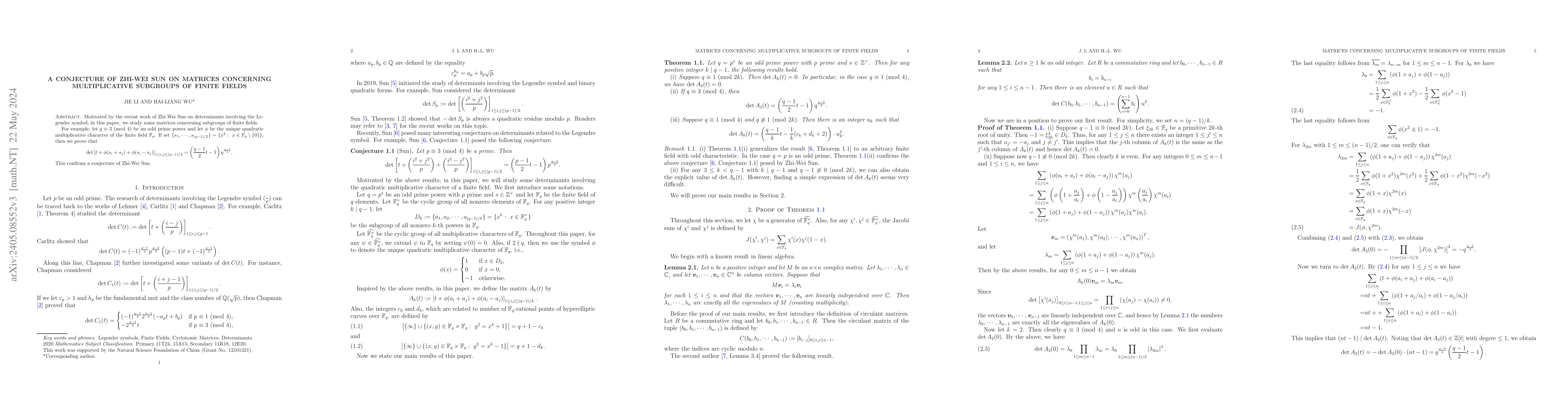Thumbnail for A conjecture of Zhi-Wei Sun on matrices concerning multiplicative
  subgroups of finite fields