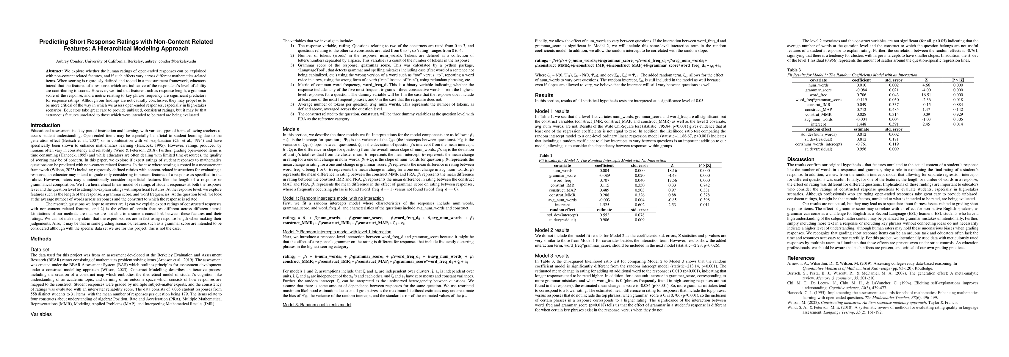 Thumbnail for Predicting Short Response Ratings with Non-Content Related Features: A
  Hierarchical Modeling Approach