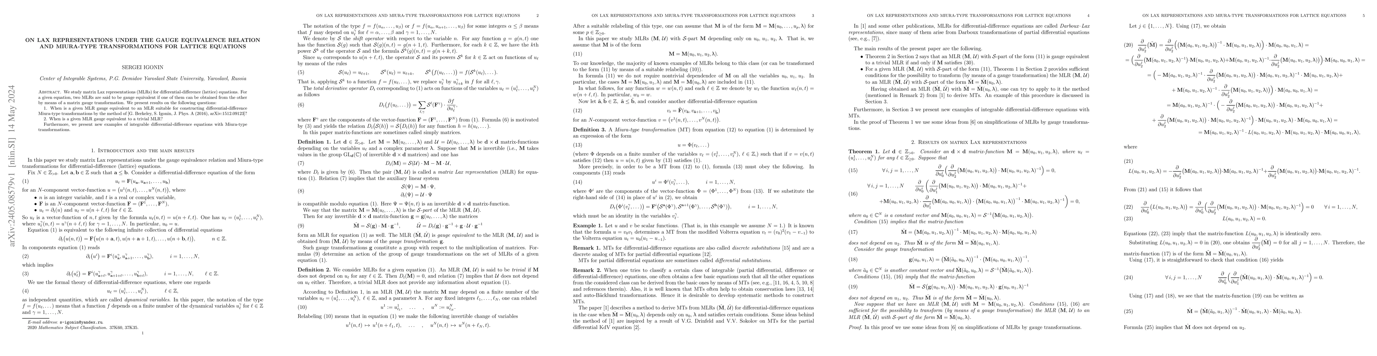 Thumbnail for On Lax representations under the gauge equivalence relation and
  Miura-type transformations for lattice equations