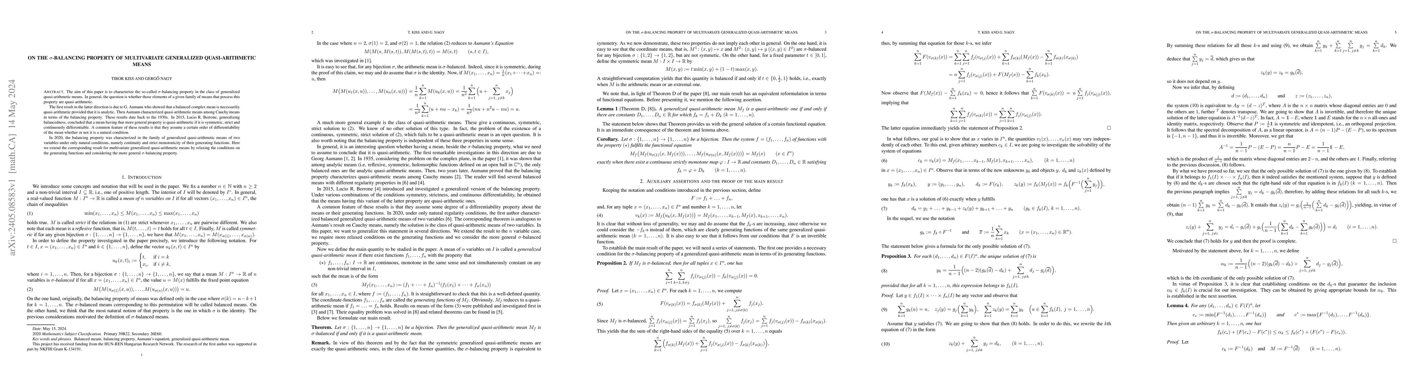 Thumbnail for On the $\sigma$-balancing property of multivariate generalized
  quasi-arithmetic means