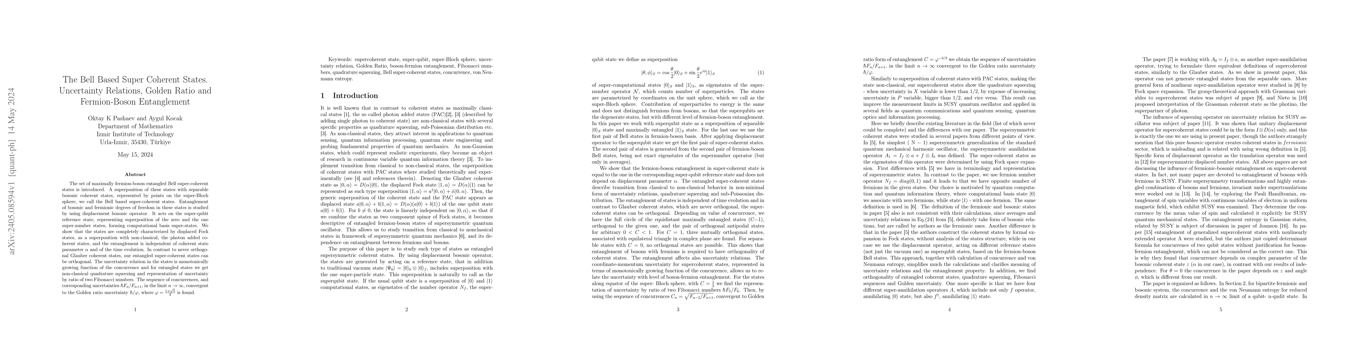 Thumbnail for The Bell Based Super Coherent States. Uncertainty Relations, Golden
  Ratio and Fermion-Boson Entanglement